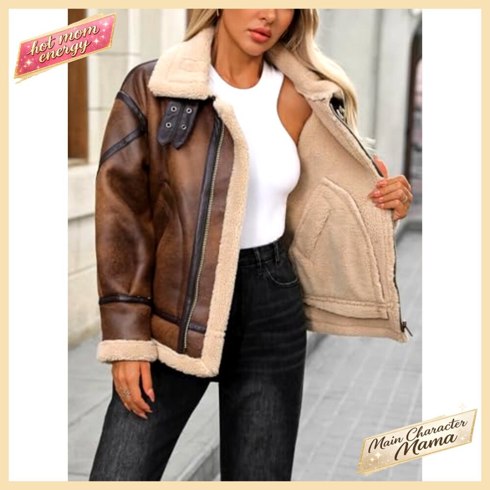 Faux Leather Sherpa Lined Bomber Jacket Aviator Style Winter Coat - Picture 4 of 7